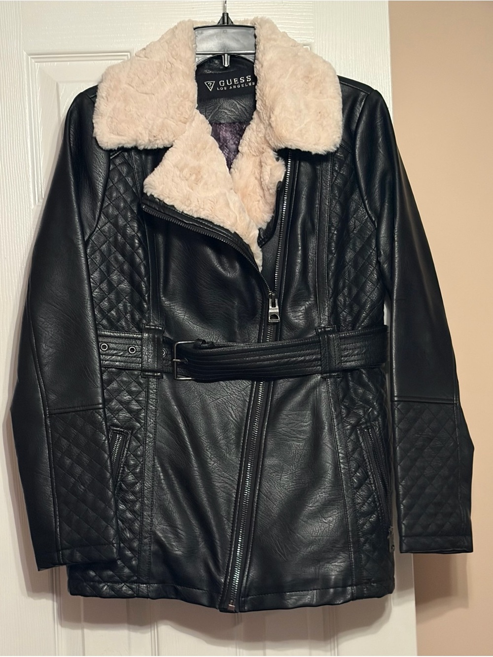 GUESS Black Faux-Leather Jacket with Cream Shearling Collar - M